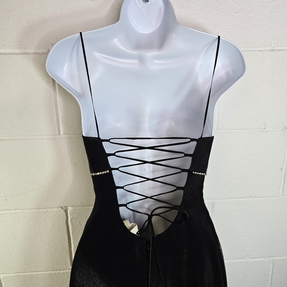 Vtg 90s Y2k Cache Black Liquid Lace Up Corset Back Rhinestone Formal Dress - Picture 10 of 14